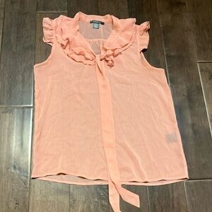 Suzy Shier women’s medium peach/pink sheer ruffle sleeveless top blouse shirt